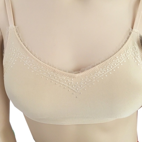 WACOAL Nylon Bra Bralette Unwired Nude Tulle Embellished Lace 36 Unpadded - Picture 2 of 9